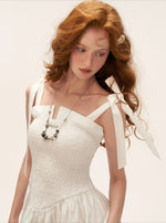 White Striped Ruched Bow Strap Dress