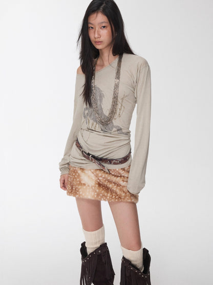 Vintage Deer Print Faux Fur Skirt