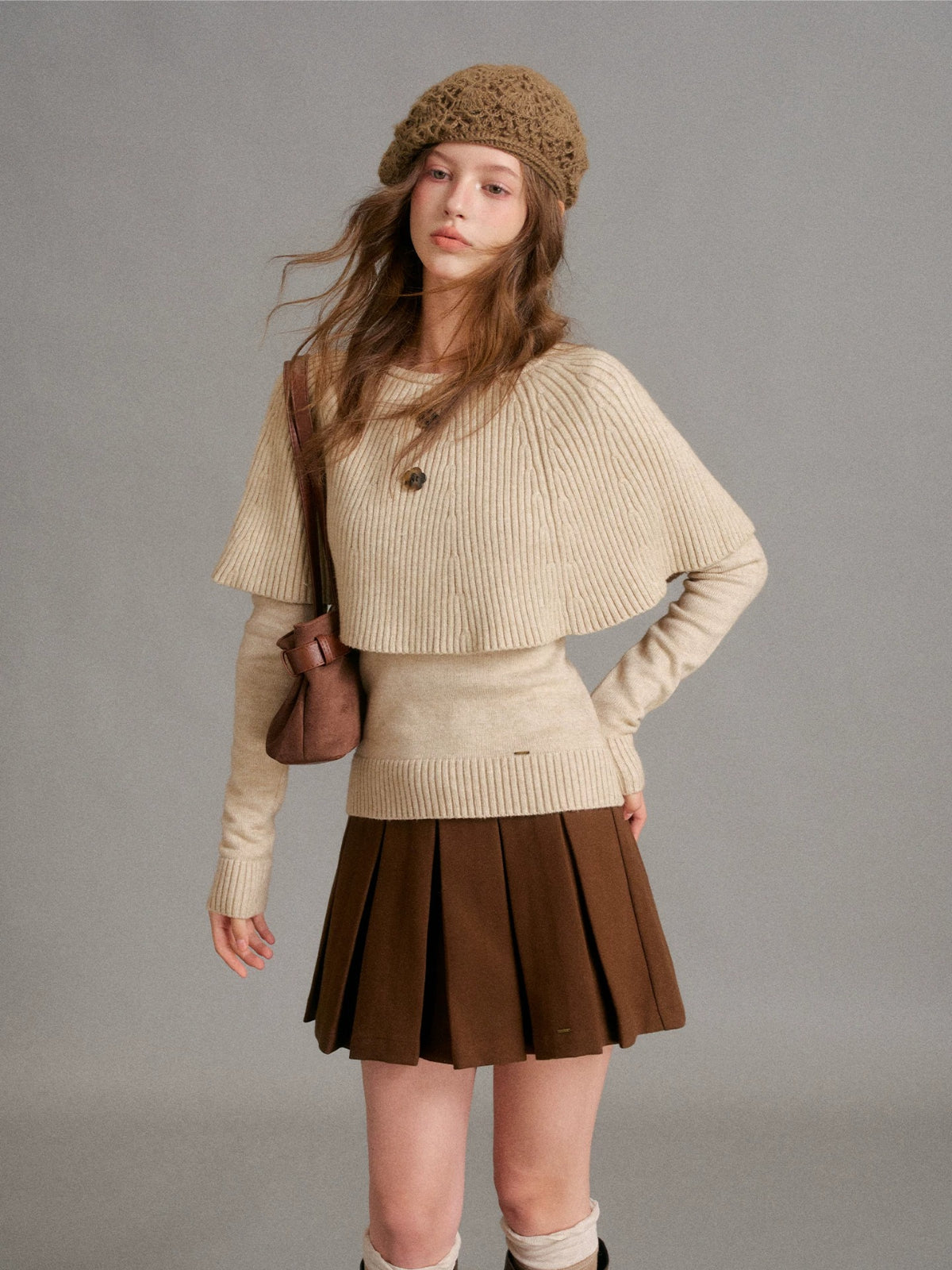 Floral Button Cape Knit Set