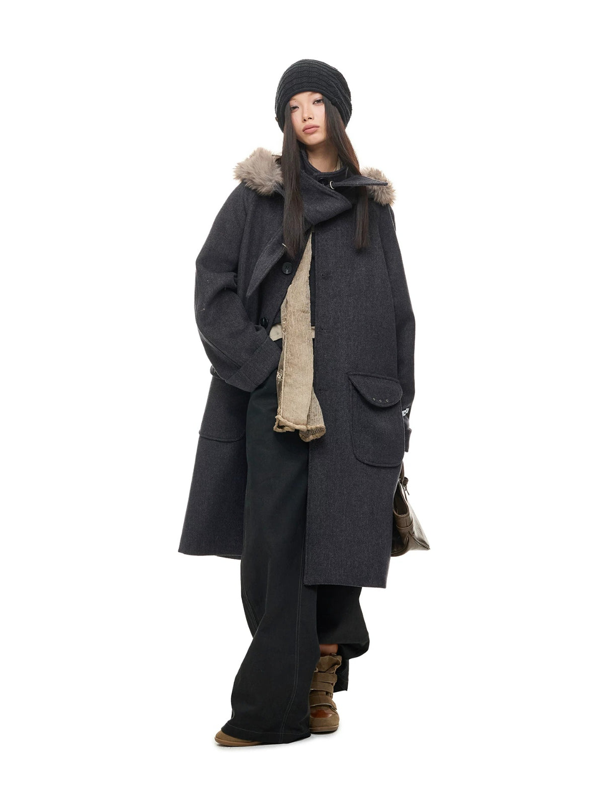 Hooded Wool Blend Long Coat