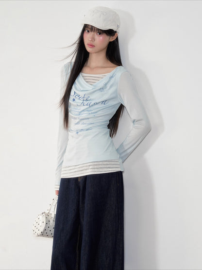 Blue &amp; Gray Printed Draped Long-Sleeve T-shirt