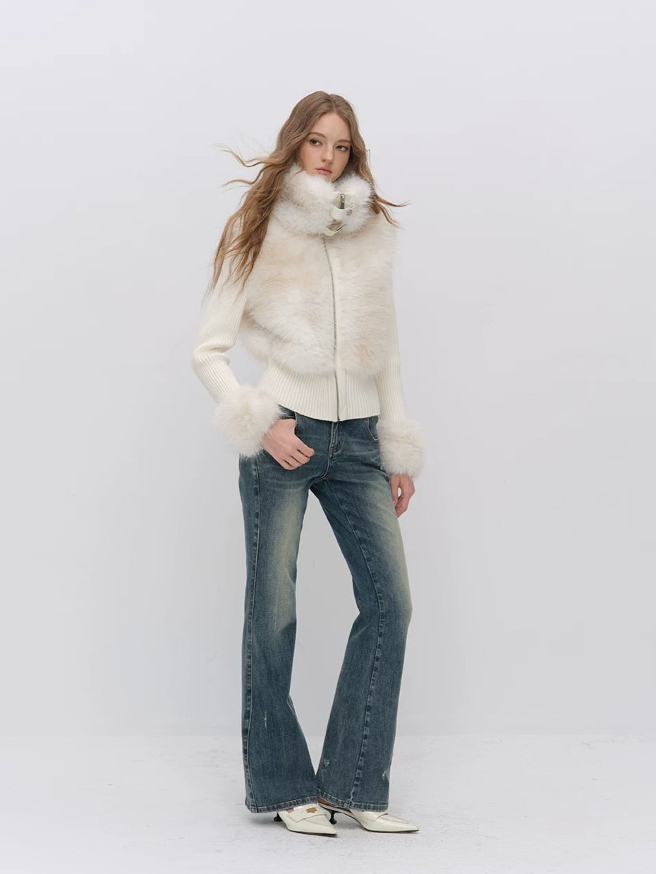 Faux Fur Patchwork Fitted Knit Jacket
