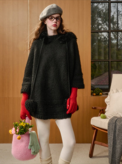 Hooded Faux-Fur Knit Cape Dress