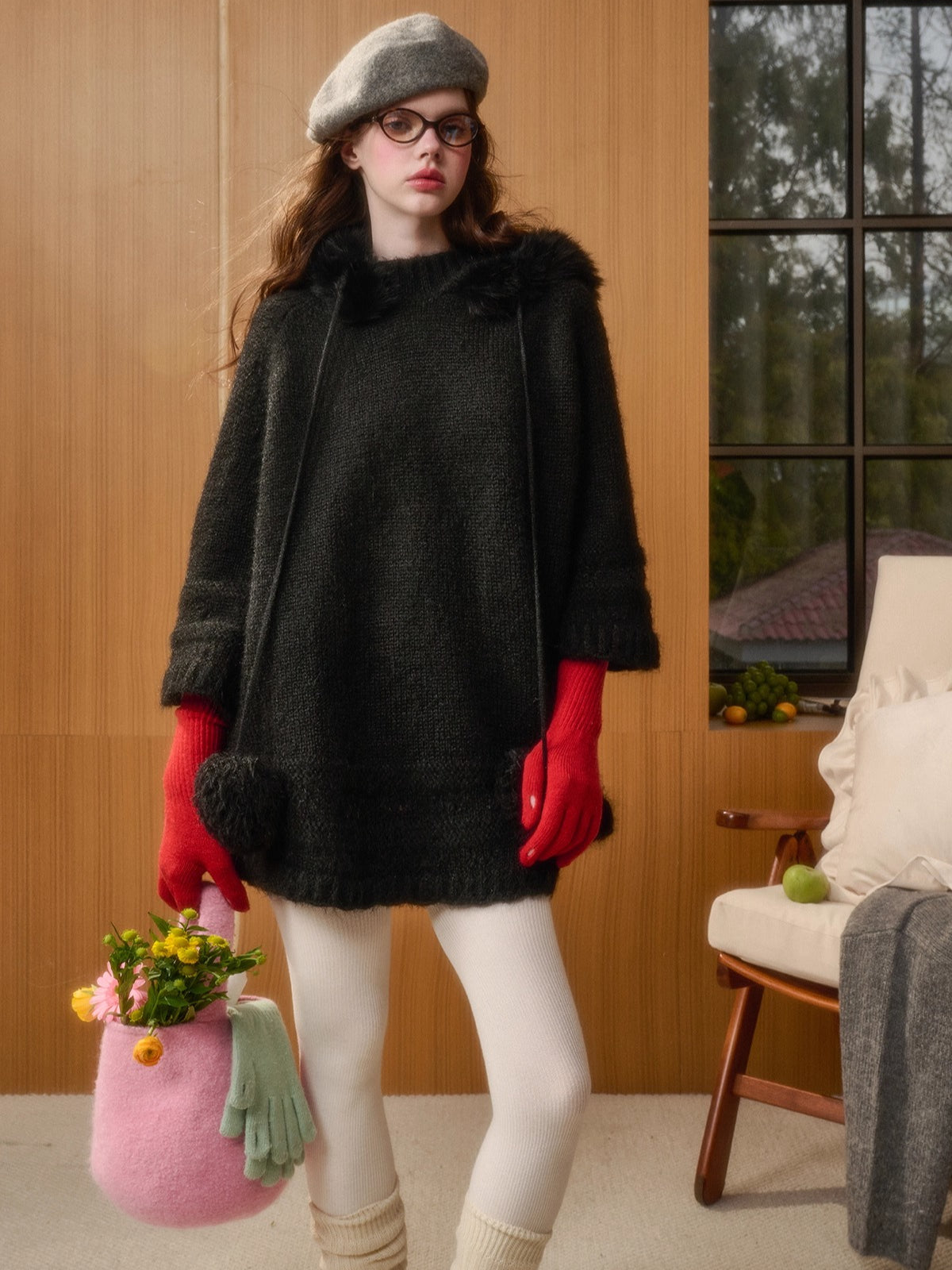 Hooded Faux-Fur Knit Cape Dress