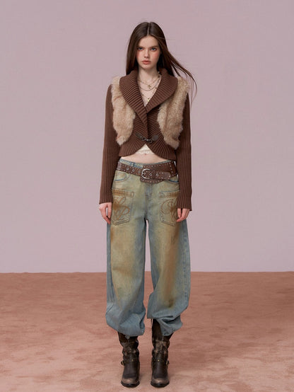 Faux Fur Panel Knitted Short Jacket