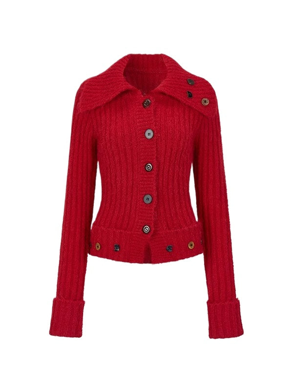 Buttoned Wool-Collar Knit Cardigan