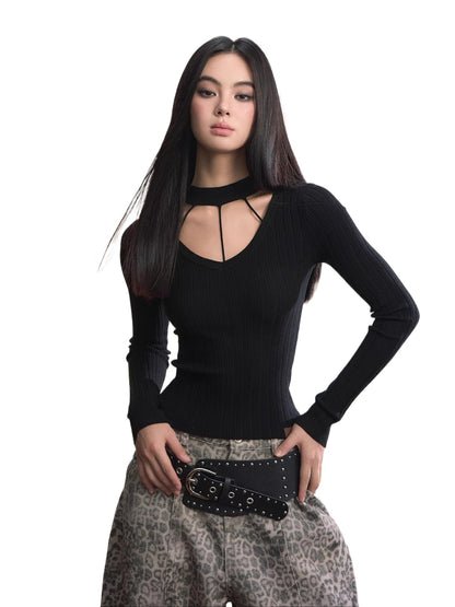 Choker Neck Halter Slim-Fit Knit Top