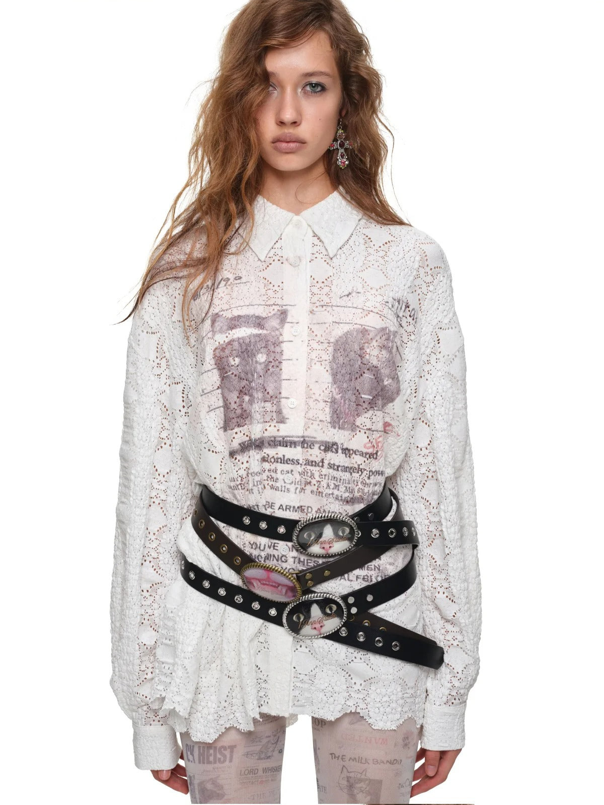 Cat Print Oversized Lace Shirt