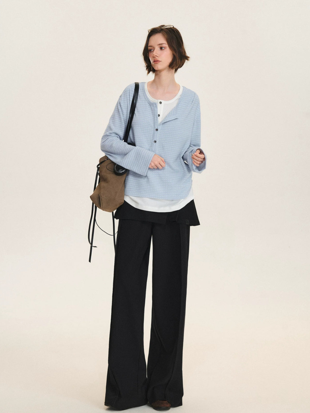 Layered Striped Henley Ruched Top