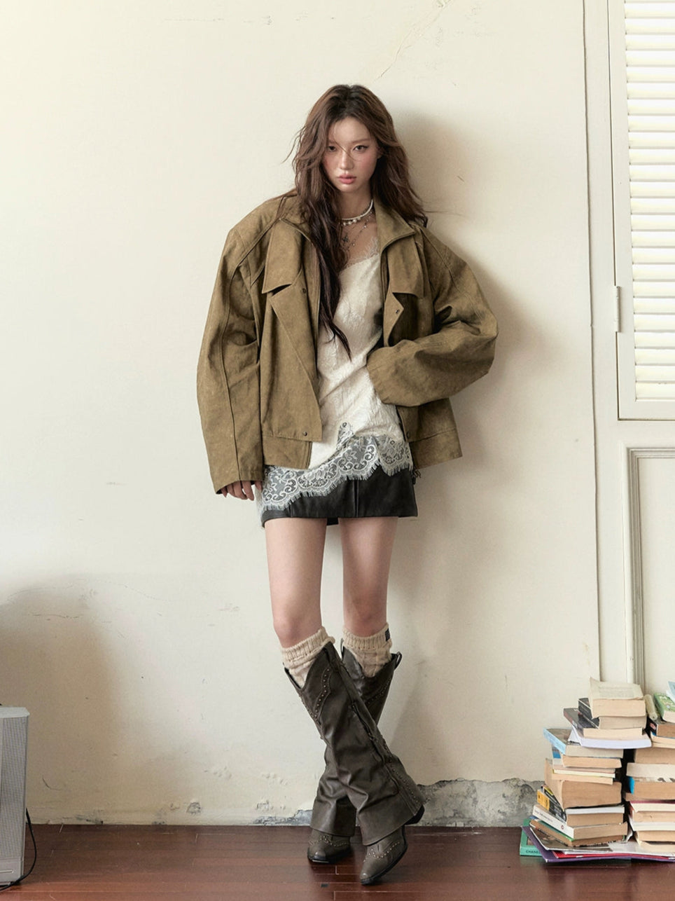 Khaki &amp; Gray Studded Loose-fitting Jacket