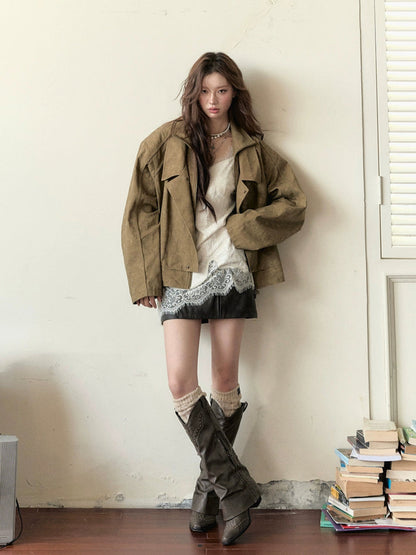 Khaki &amp; Gray Studded Loose-fitting Jacket