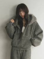 Striped Faux Fur Hooded Zip Cardigan