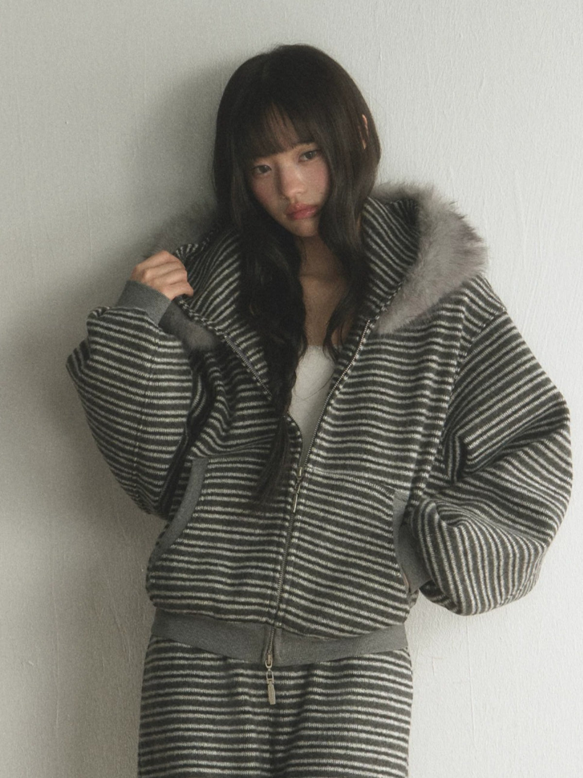Striped Faux Fur Hooded Zip Cardigan