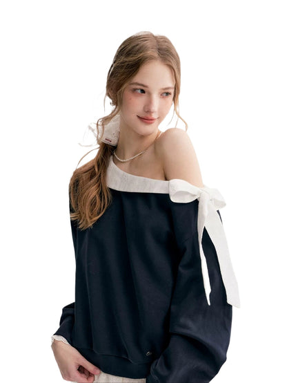 Navy &amp; Pink Bow Off-Shoulder Sweatshirt