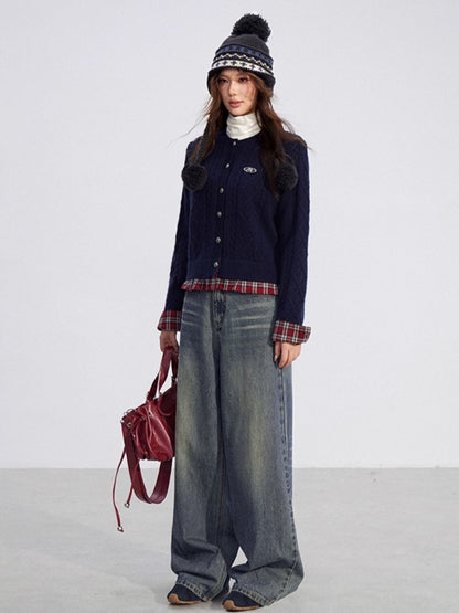 Plaid Trim Knit Cardigan