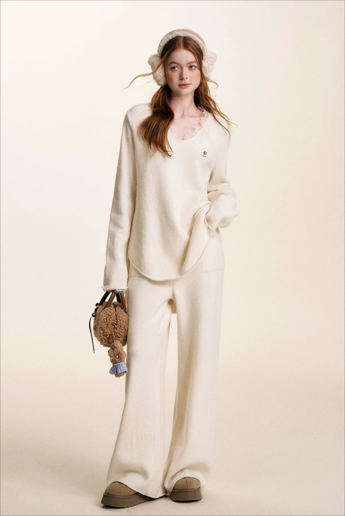 Cream V-Neck Knit Set