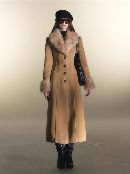 Leopard Fur Trim Fitted Wool Coat