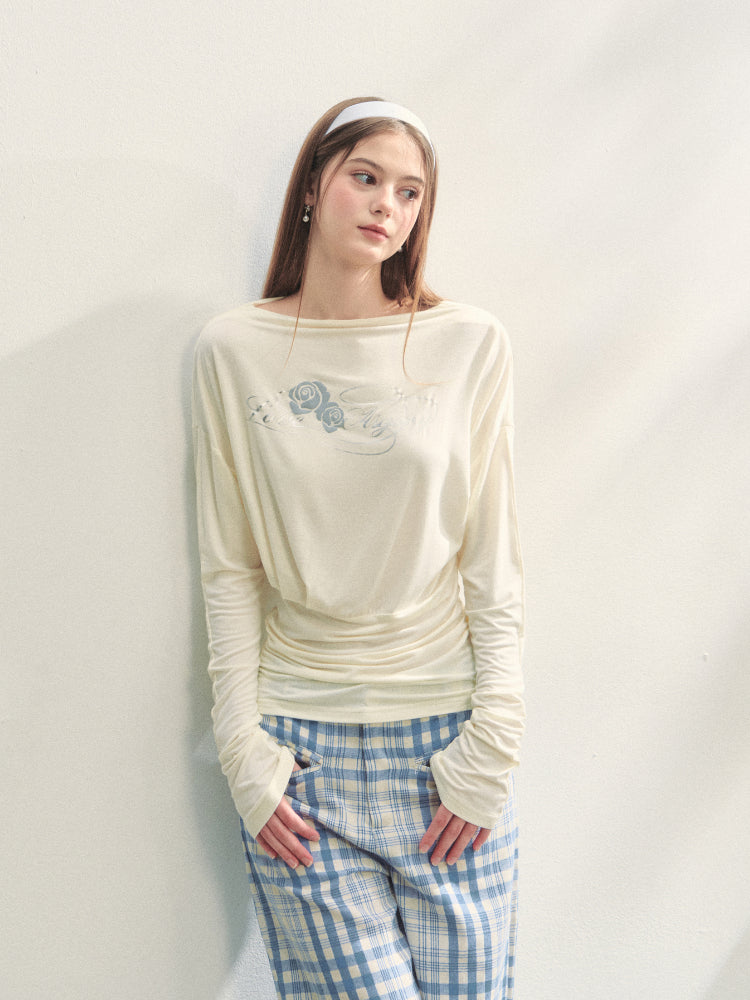 Floral Print Pleated Long-Sleeve T-shirt