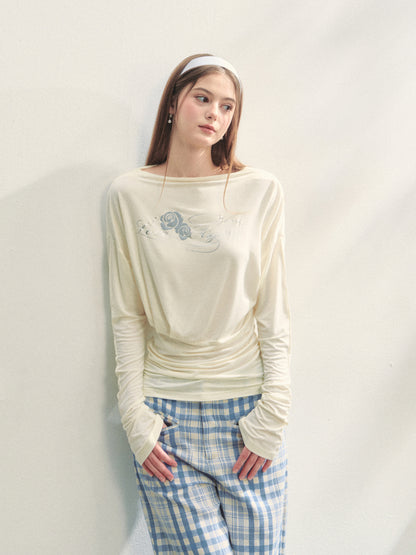 Floral Print Pleated Long-Sleeve T-shirt