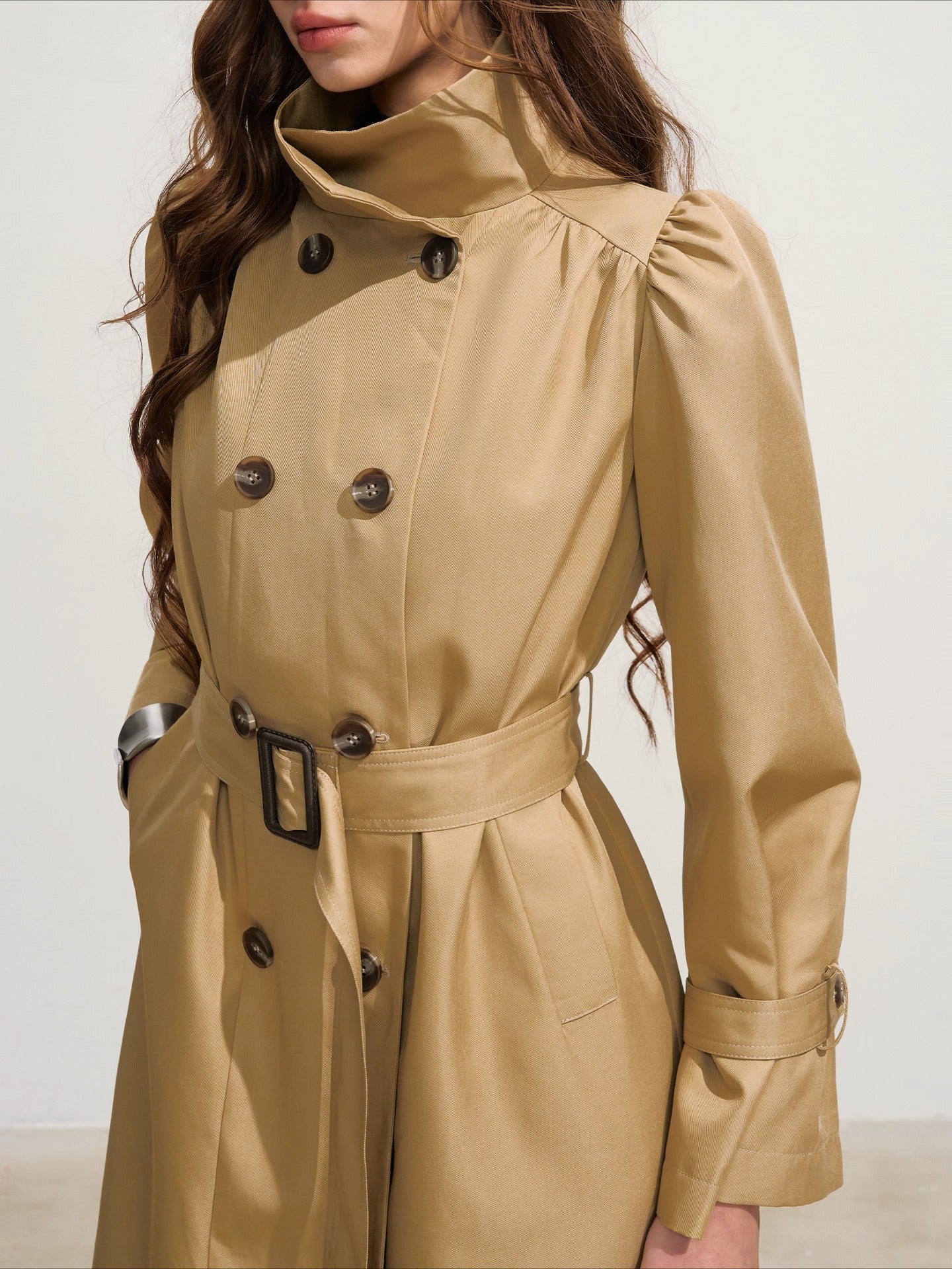 Khaki Puff-Sleeve Double-Breasted Long Trench Coat