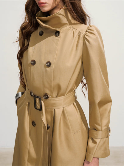 Khaki Puff-Sleeve Double-Breasted Long Trench Coat