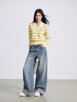 Blue Embroidered Cuff Wide Jeans