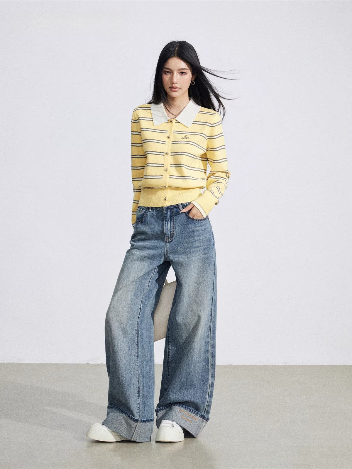 Blue Embroidered Cuff Wide Jeans