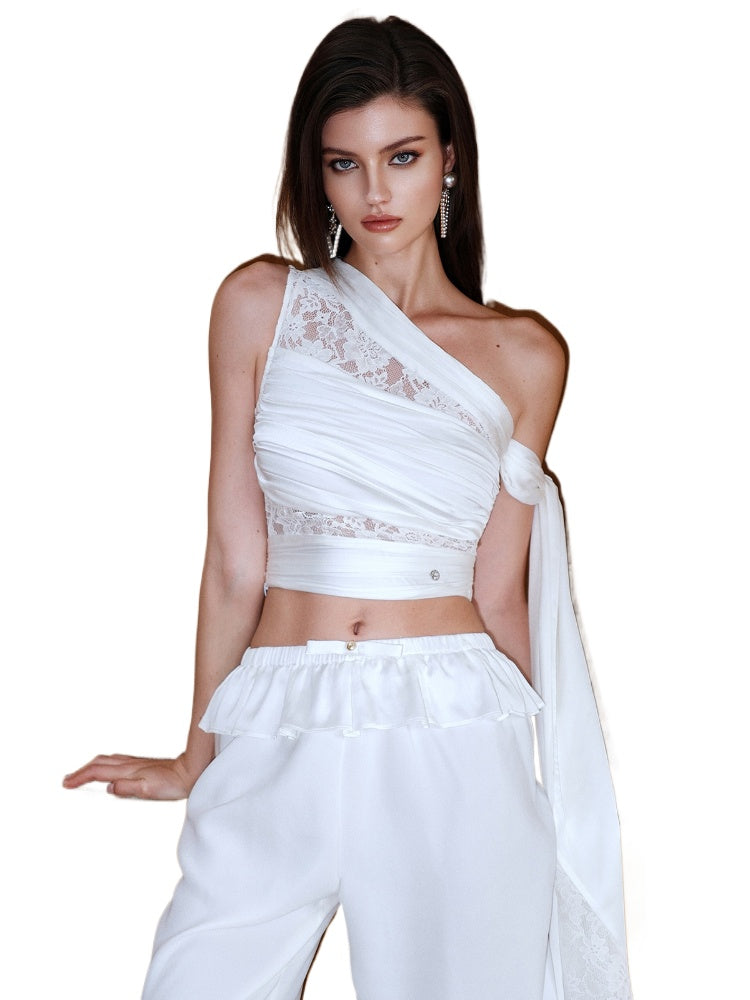 Lace-Paneled Off-Shoulder Spaghetti Strap Crop Top