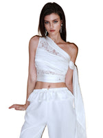 Lace-Paneled Off-Shoulder Spaghetti Strap Crop Top