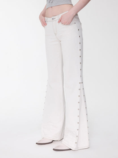Studded Flared Denim Whisker Detailing Jeans