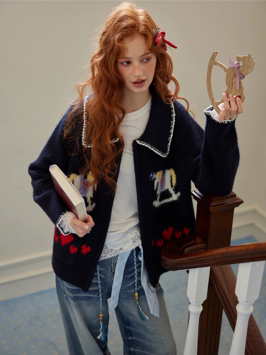 Contrast-Trim Horse Jacquard Knit Zip Cardigan