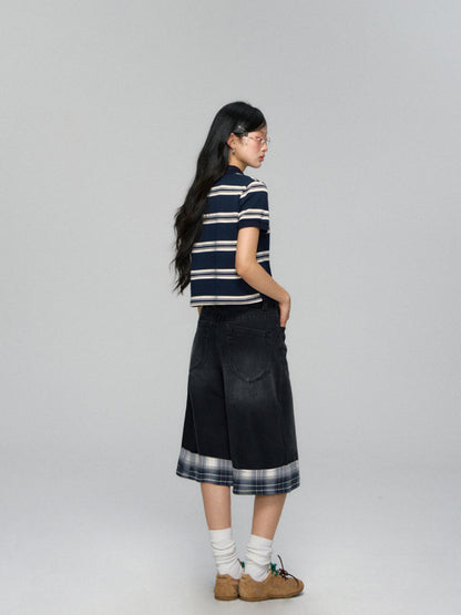 Polo-Collar Striped Color-Blocking T-shirt