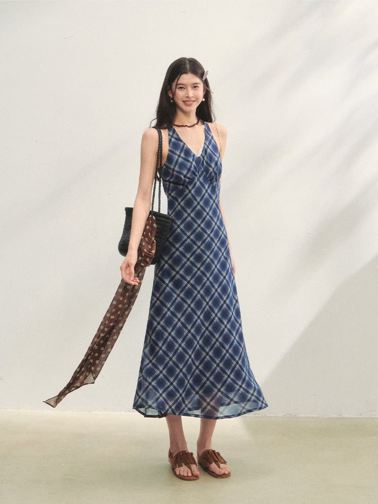 V-Neck Lace Spliced Halter Dress