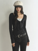 Contrast Bow V-Neck Layered T-Shirt