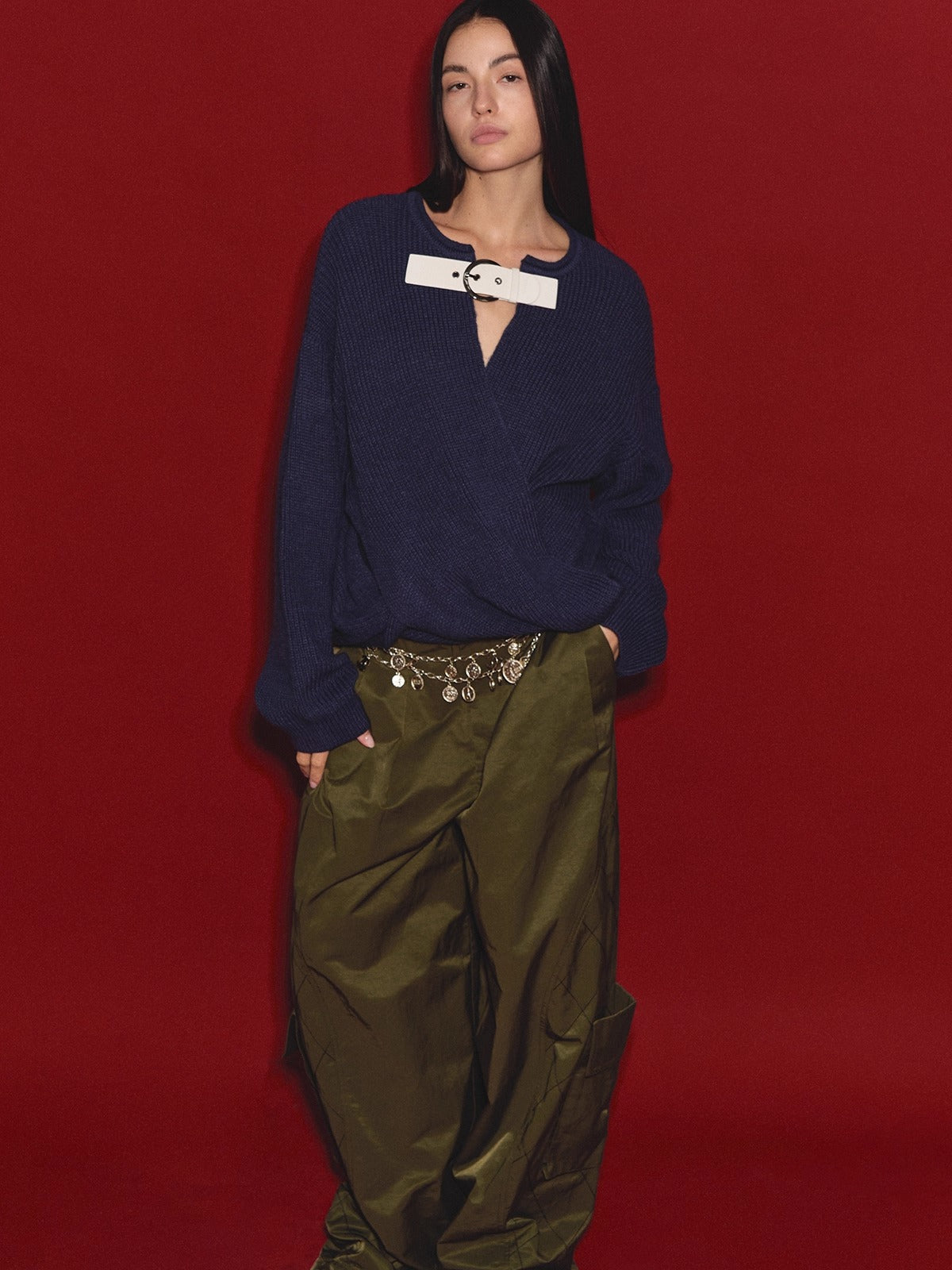 Wool V-Neck Buckle-Panel Sweater
