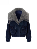 Velvet Denim Oversized Fur Collar Down Jacket