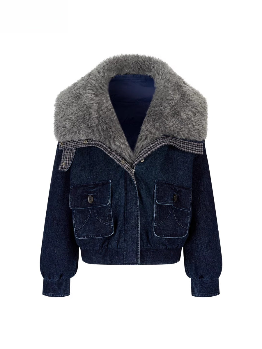 Velvet Denim Oversized Fur Collar Down Jacket