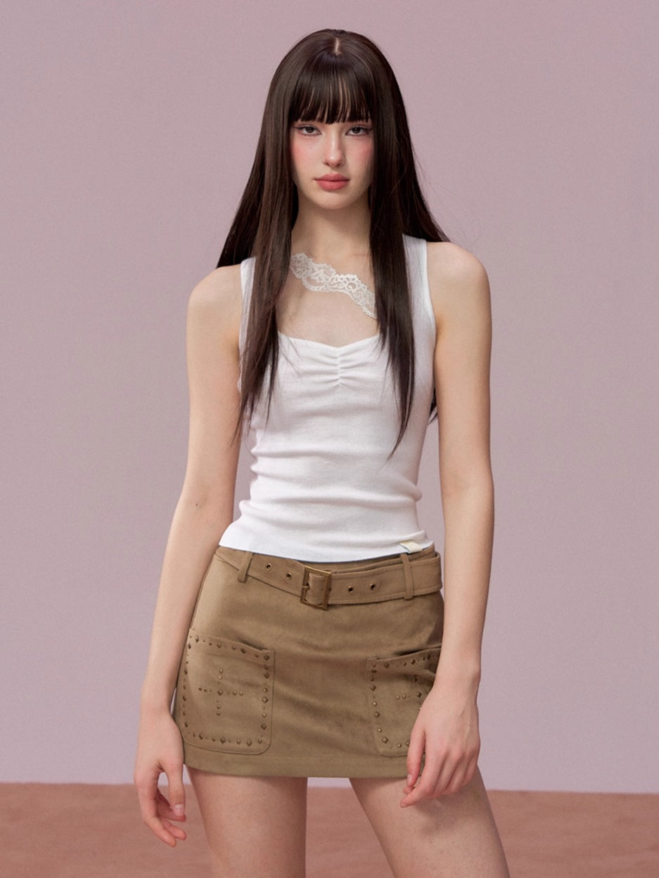 Studded Belt Faux Suede A-Line Skirt