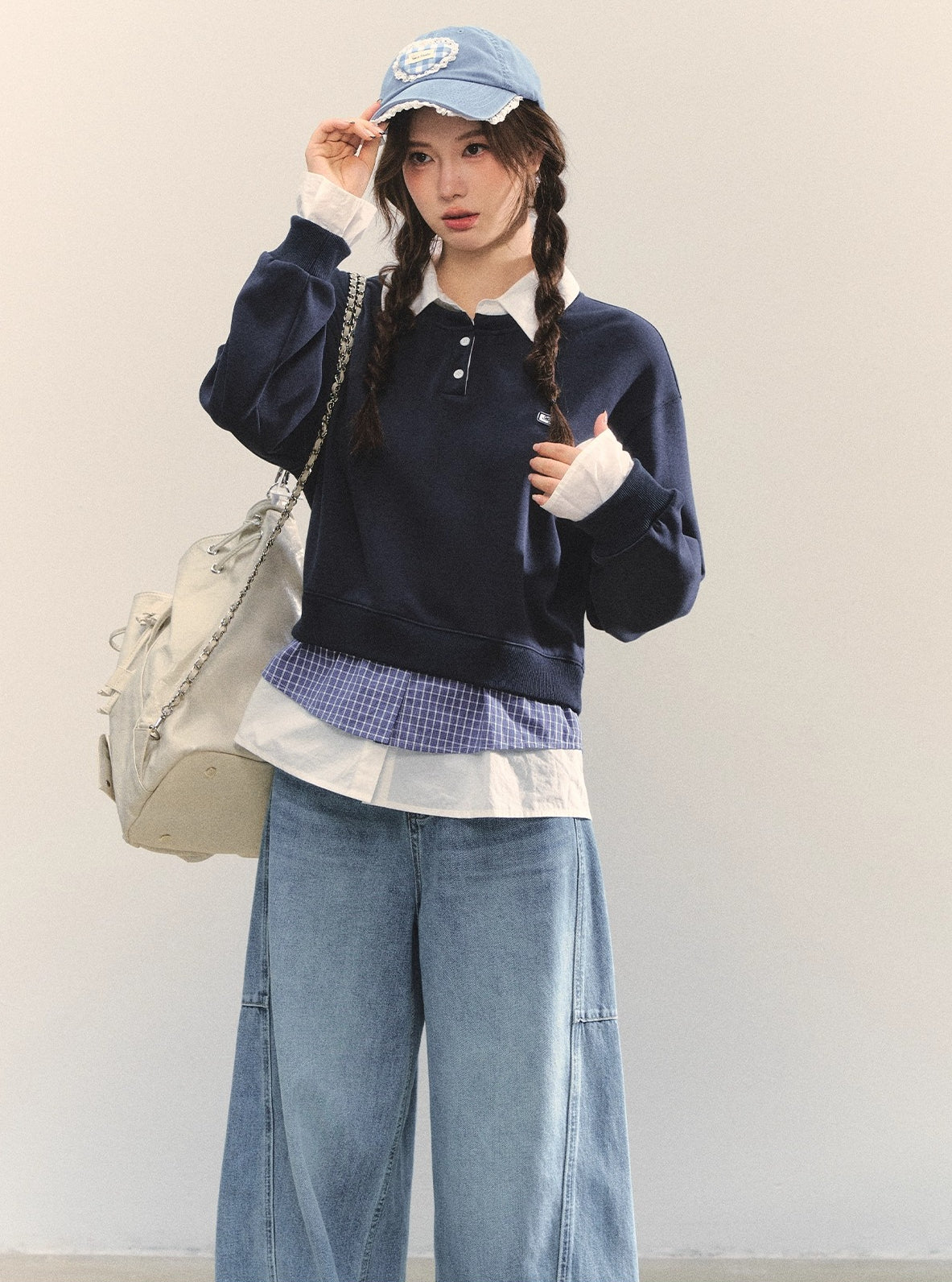 Navy Blue Plaid-Patchwork Polo Sweatshirt