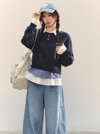 Navy Blue Plaid-Patchwork Polo Sweatshirt