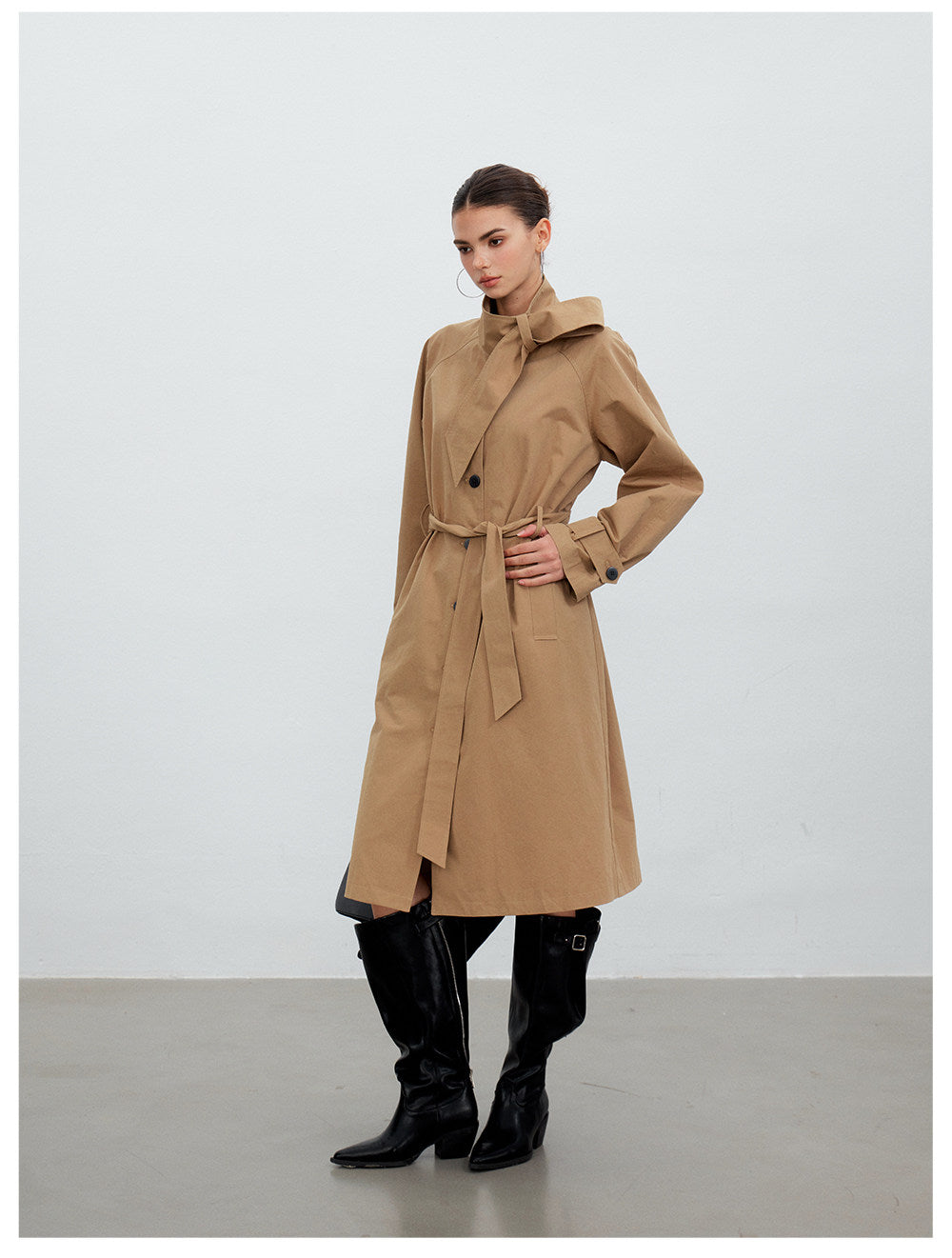 Khaki Stand Collar Belted Trench Coat