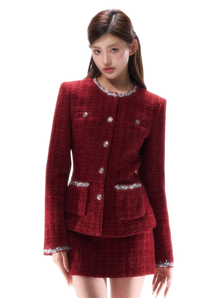 Metallic-Tweed Cinched Jacket Low-Rise Skirt Set