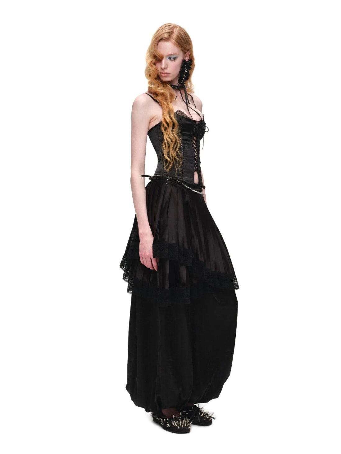 Satin Lace Asymmetric Pleated Skirt