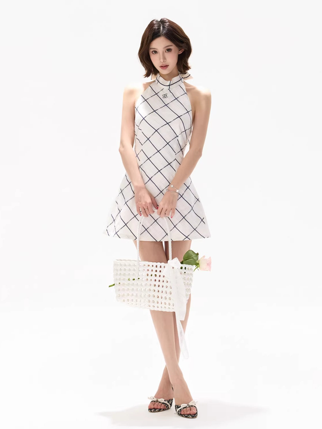 White Silk Plaid Dress