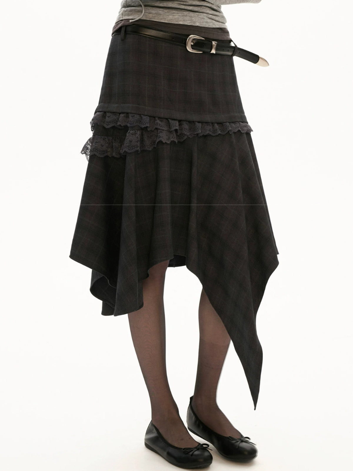 Asymmetrical Layered Plaid Midi Skirt