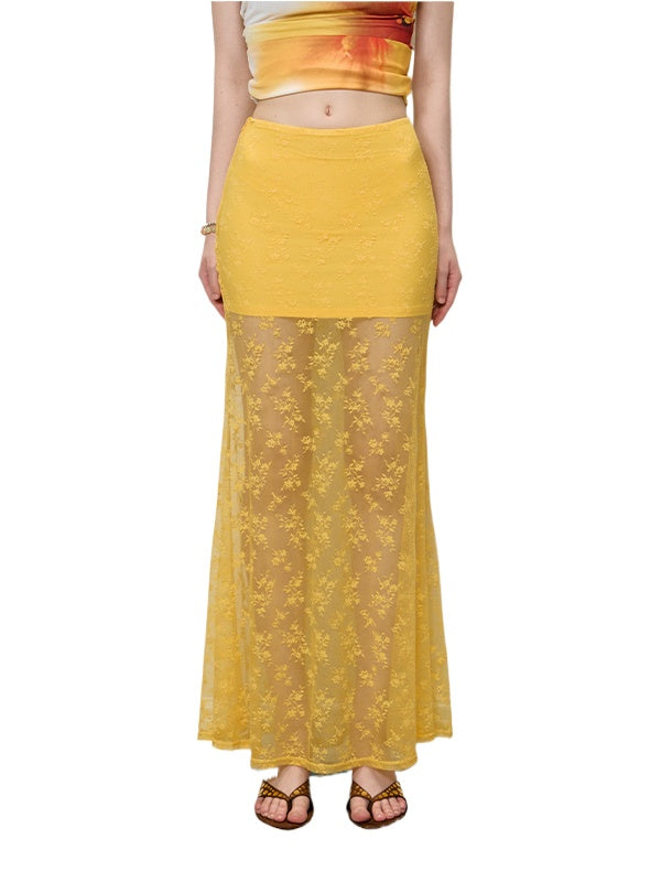 Yellow &amp; Black Lace Sheer Midi Skirt