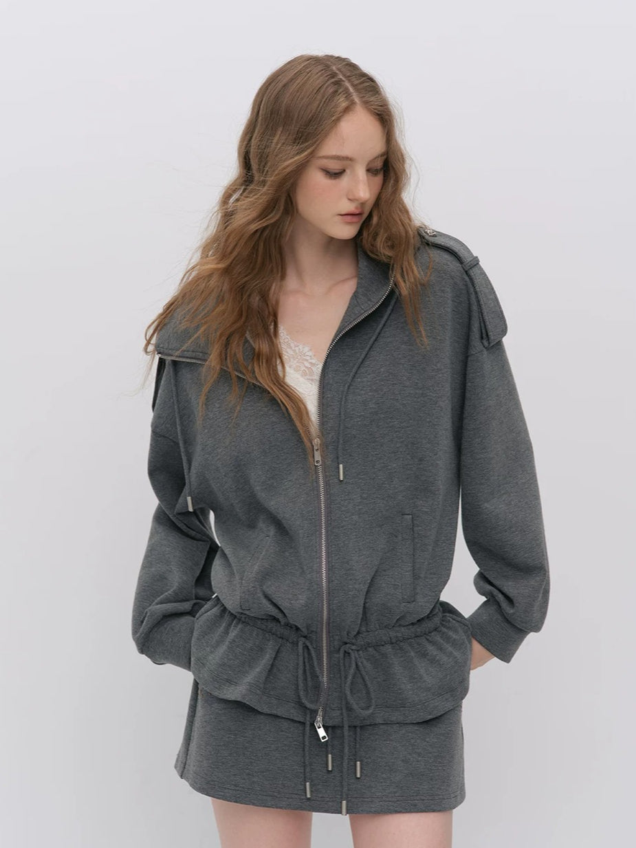 Gray Drawstring Hoodie &amp; Skirt Set
