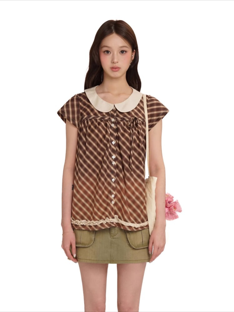 Brown Checkered Velvet Strap Dress Shirt &amp; Cardigan Set