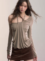 Asymmetric Off-Shoulder Faux Two-Piece T-shirt