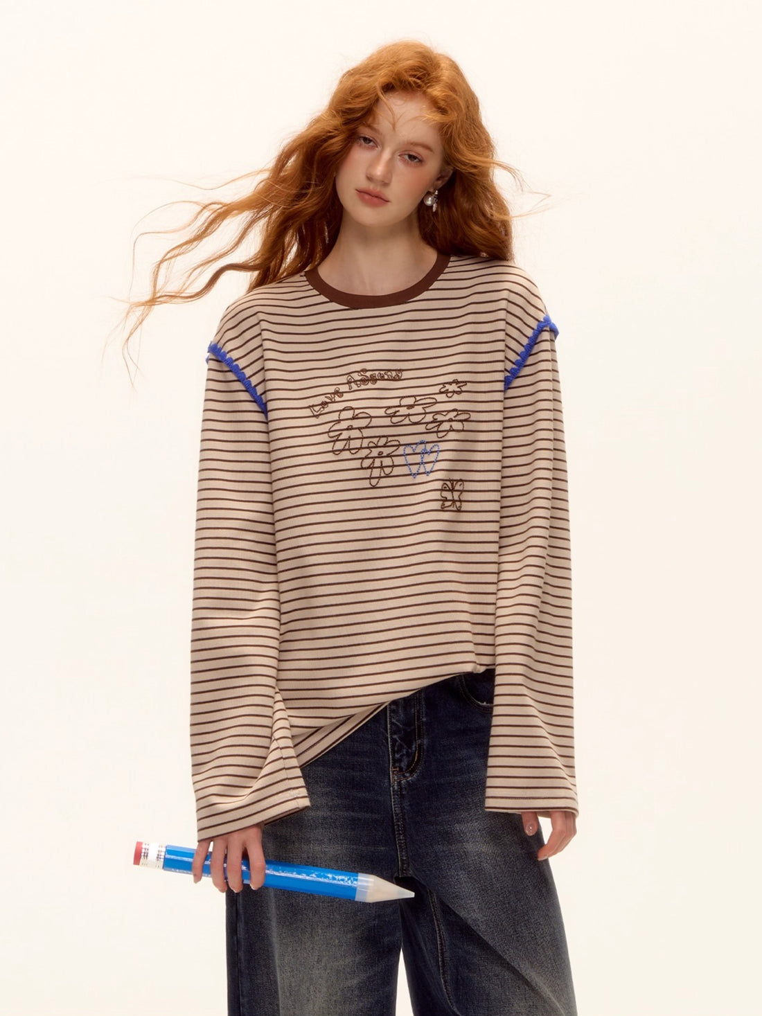 Striped Embroidered Cotton Blend T-shirt